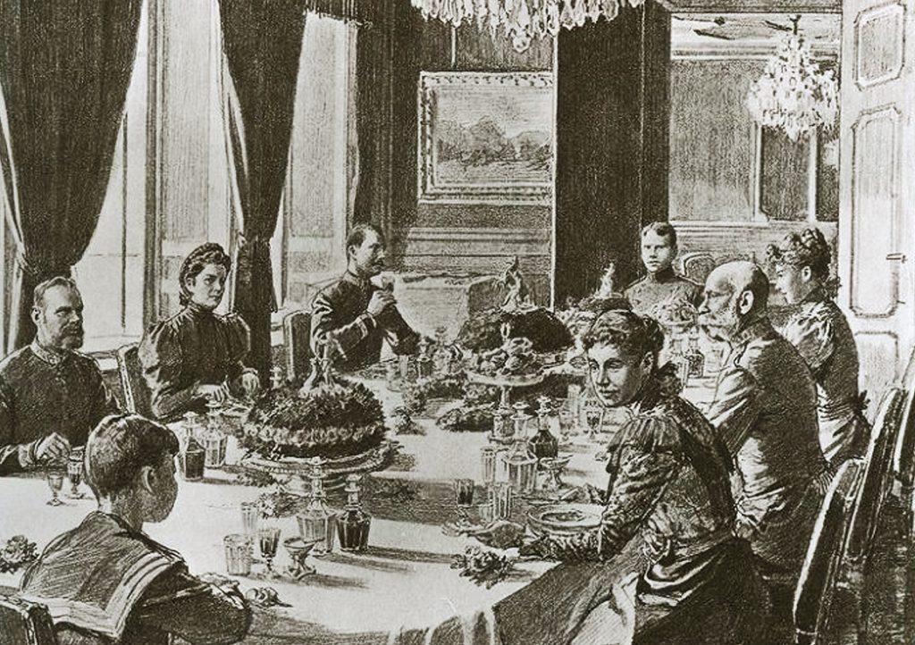 Cesarz podczas obiadu. Grafika z epoki.